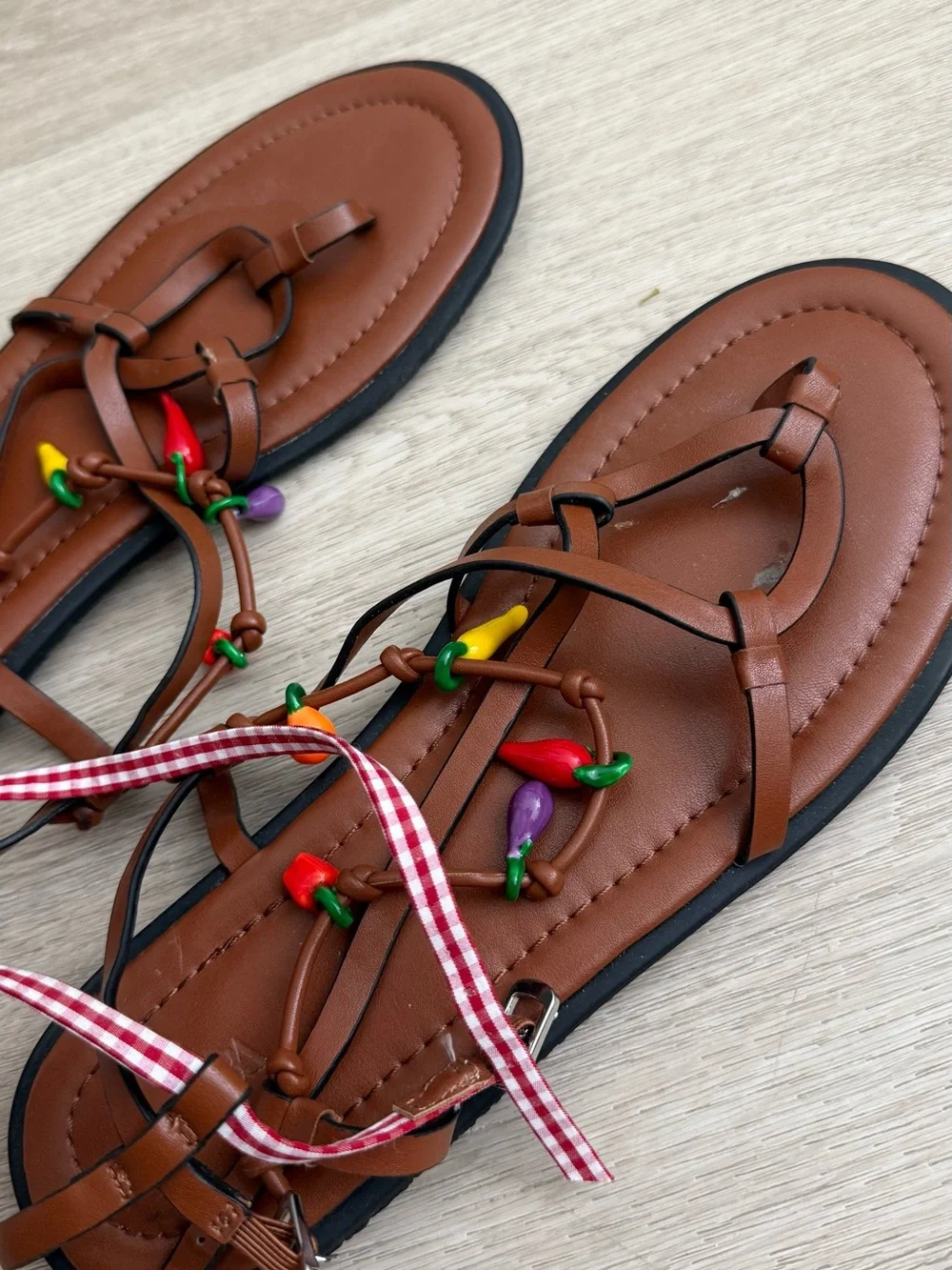 Zara Brown Strappy Sandals with Colorful pepper embellishment and Gingham Ties - Picture 3 of 5
